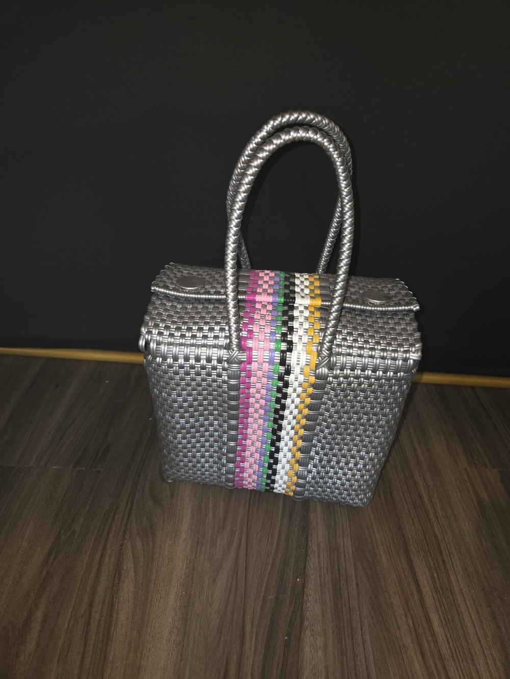 Plastic Woven Silver Tote Bag with Multicolor Stripe - Made In Mexico